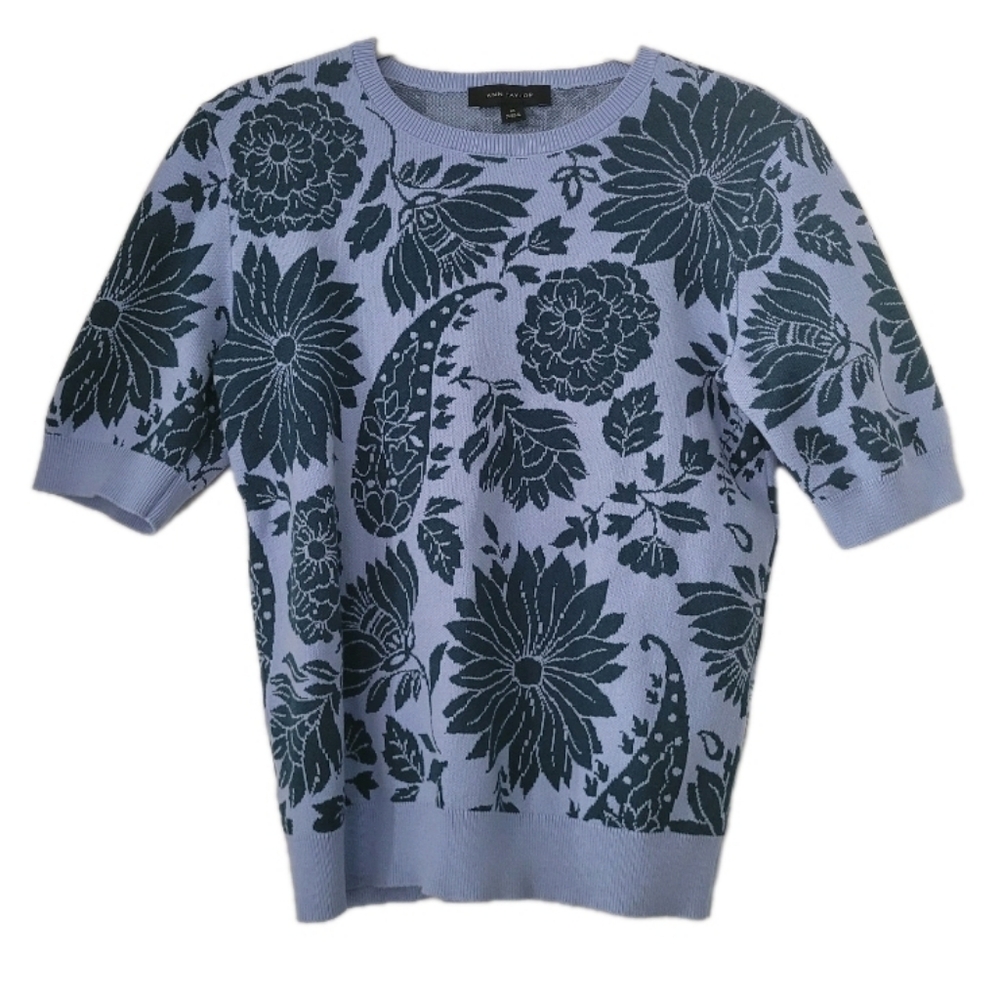 Ann Taylor Floral Jacquard Sweater Shirt Ribbed Paisley Green Blue Short Sleeve